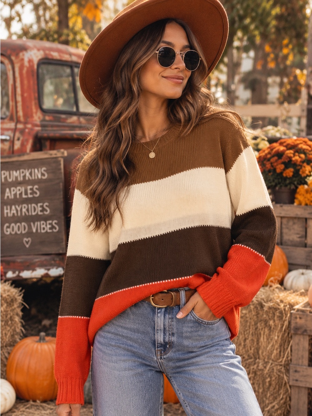 Misslook Color Block Knit Sweater Small Brown Cream Chocolate Orange Fall